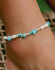 Pineapple Island Love is Here Natural Stone, Pearl and Shell Anklet - Turquoise/White