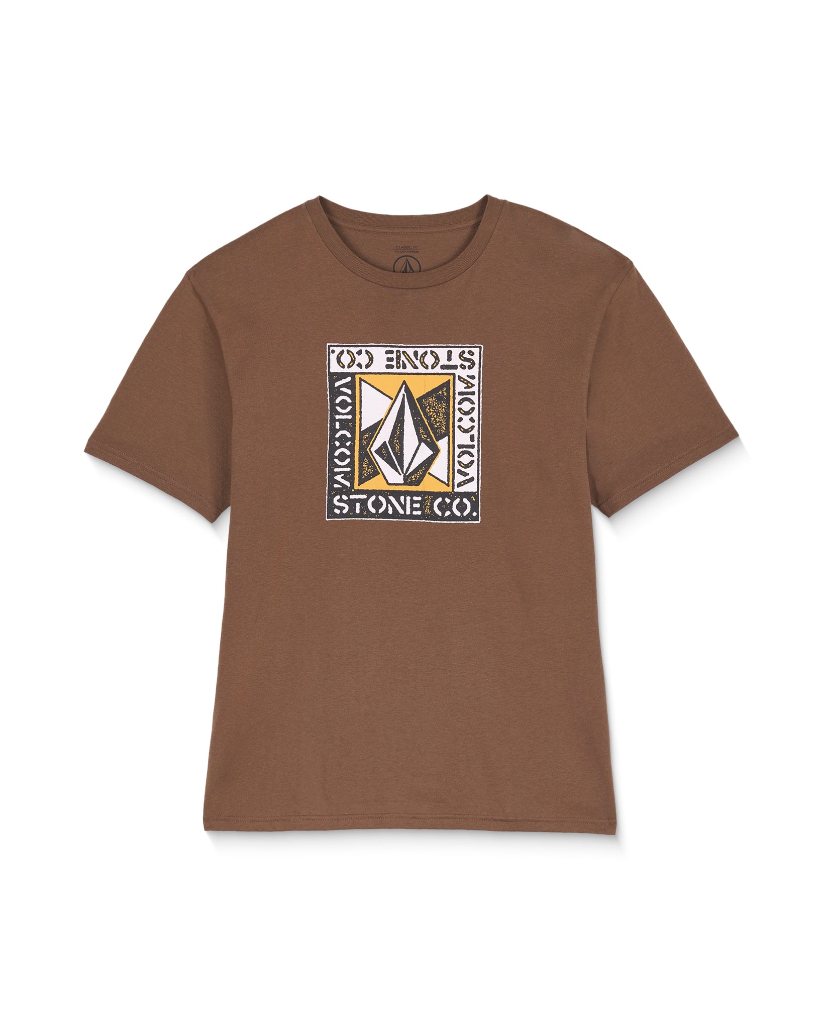 Brown t-shirt with Volcom logo on a white background