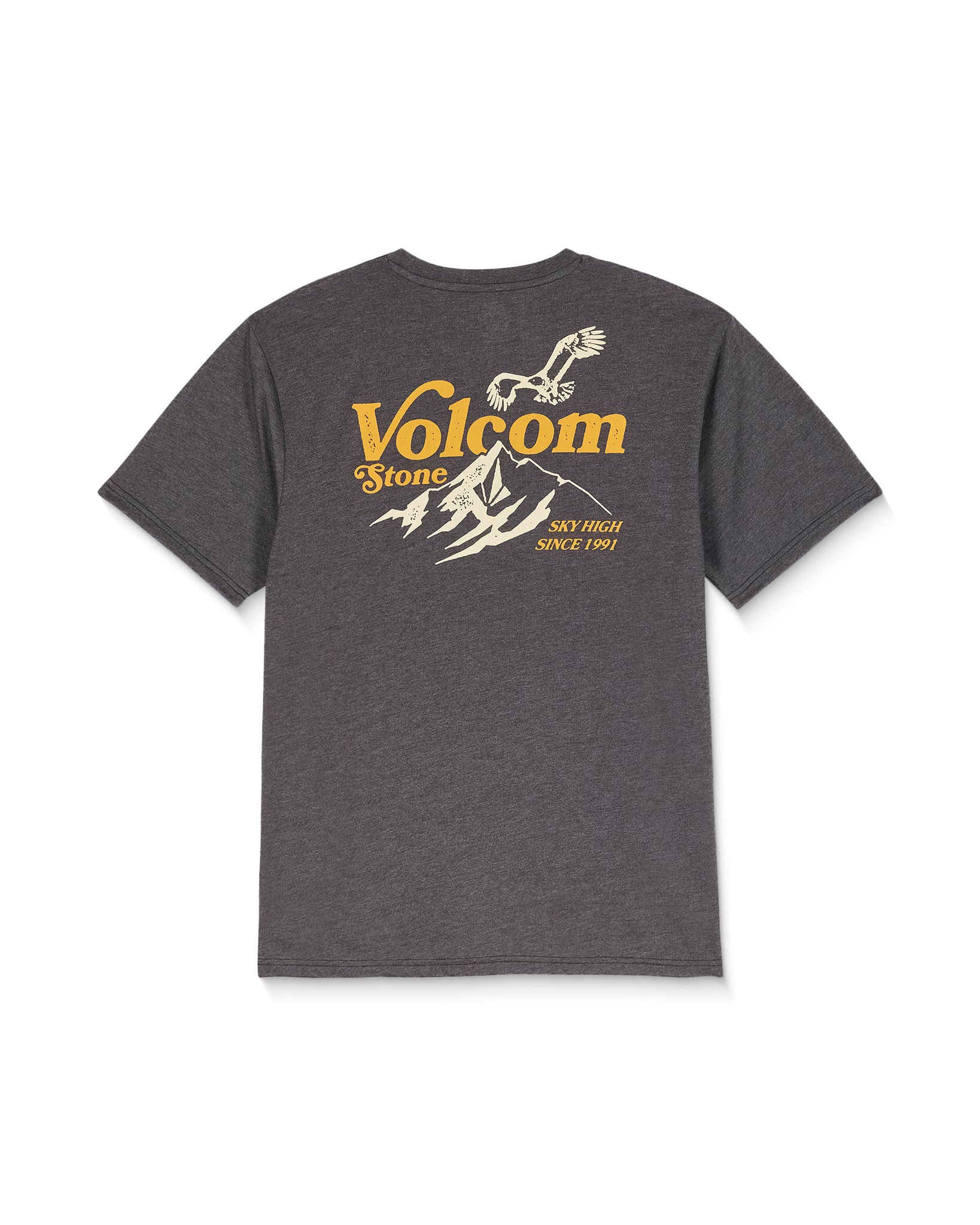 Gray t-shirt with Volcom logo and mountain design on a white background