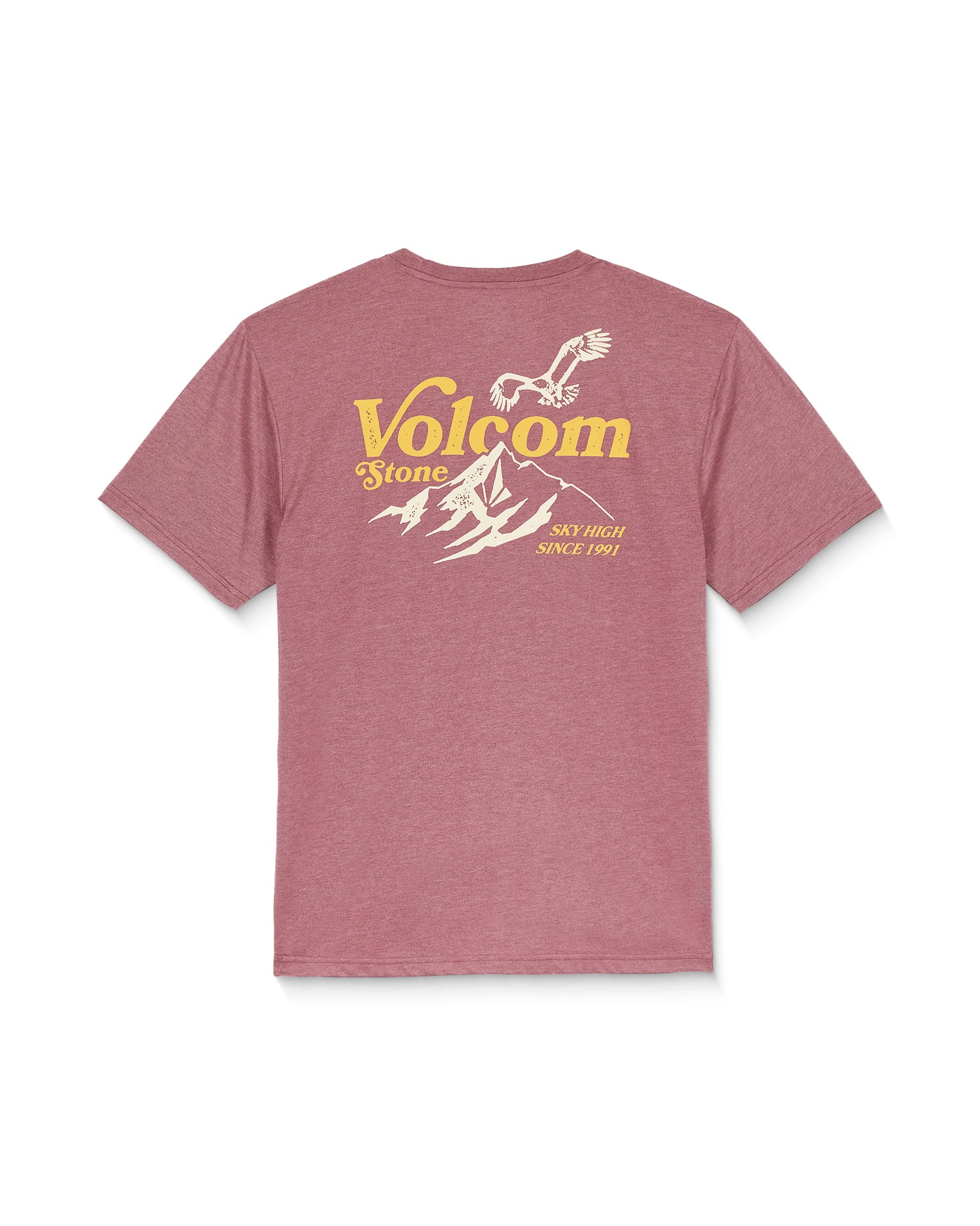 Maroon t-shirt with Volcom logo and mountain design on a white background