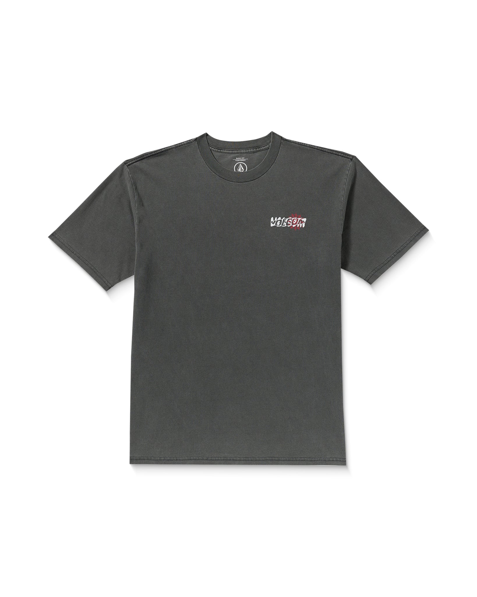 Gray t-shirt with a logo on the chest against a white background