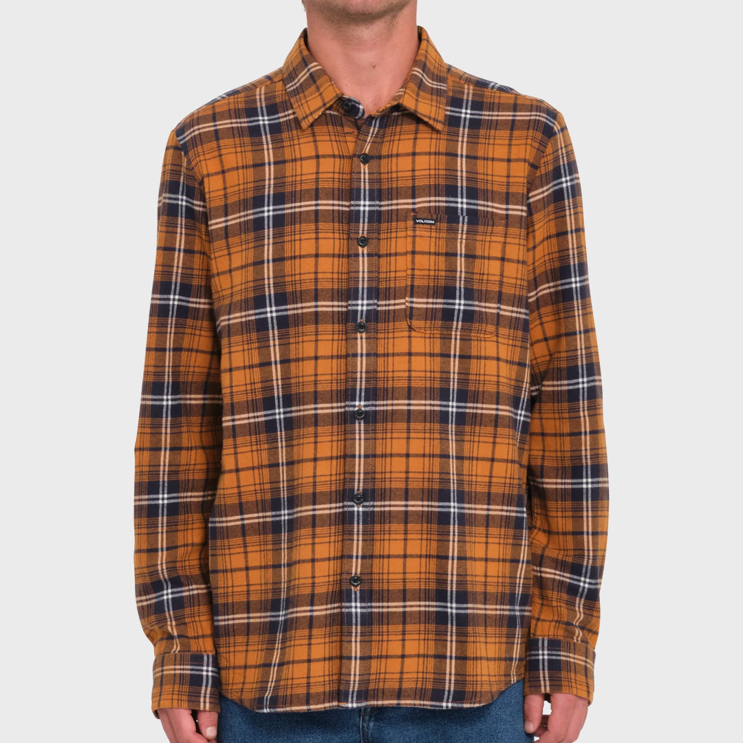 Volcom Mens Caden Plaid Long Sleeve Shirt - Chestnut Brown - ManGo Surfing