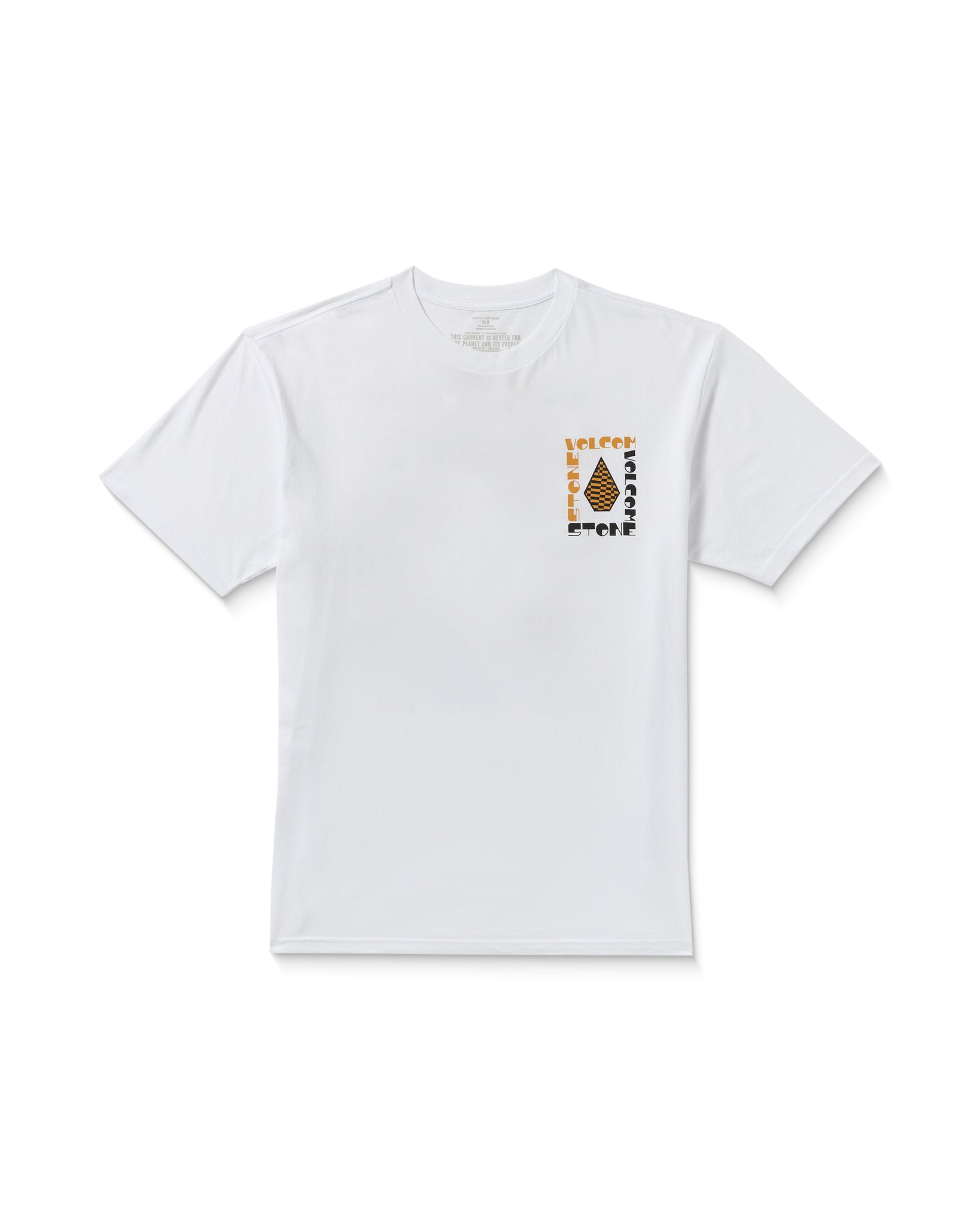 White t-shirt with a small graphic on a white background