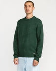 Man wearing a green sweater with a plain background