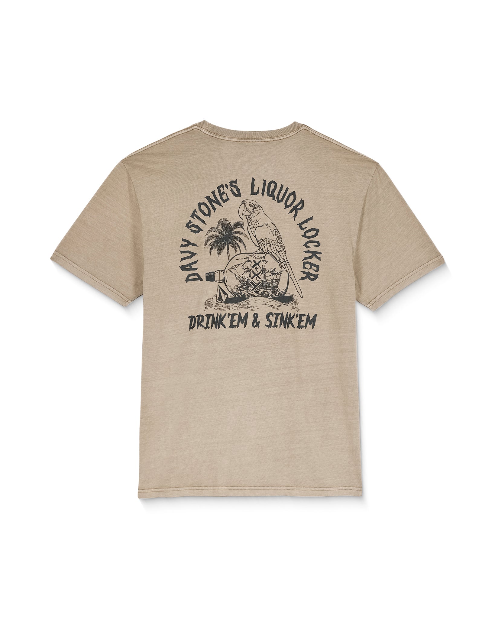 Beige t-shirt with black graphic and text on a white background