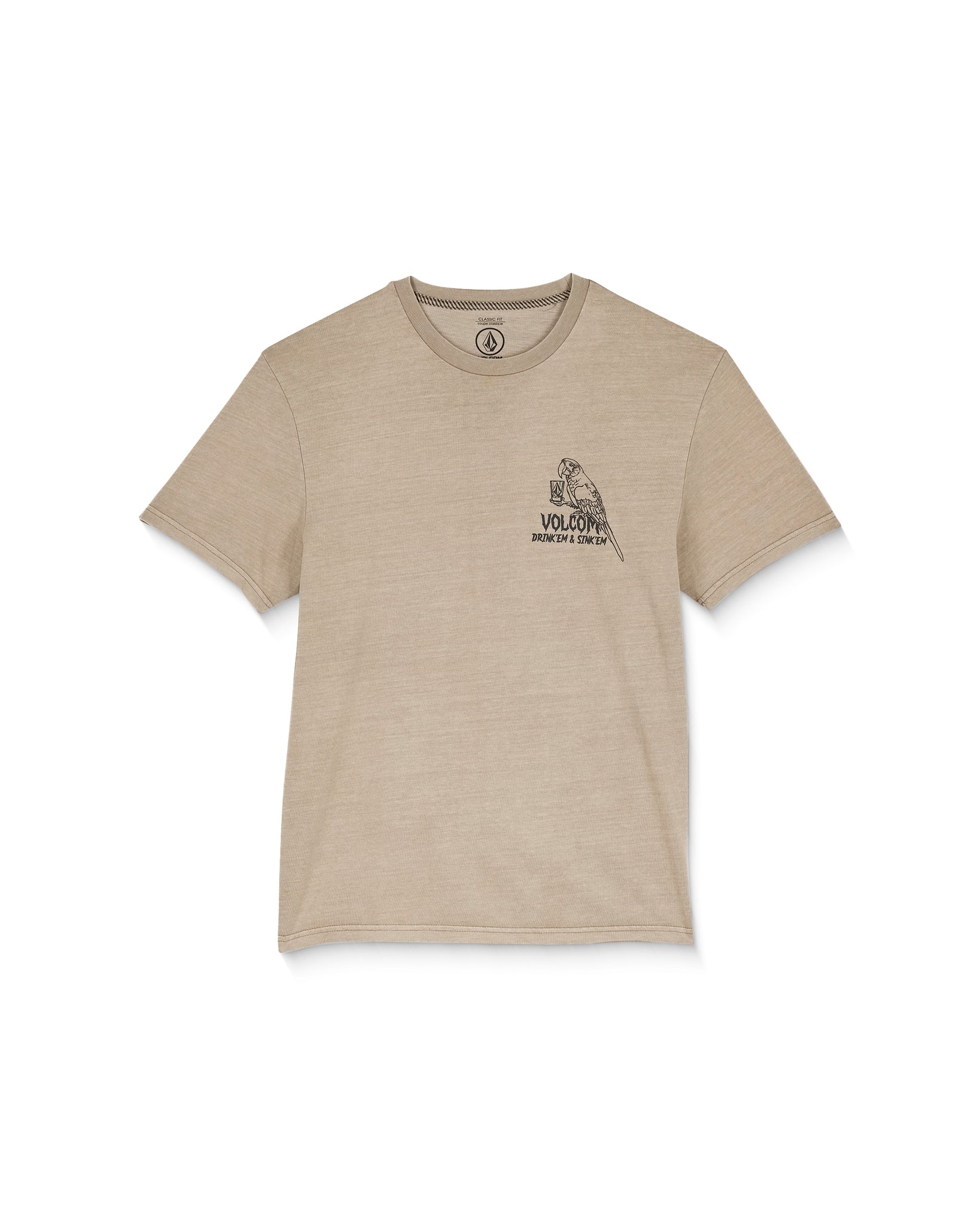 Beige t-shirt with a logo on a white background