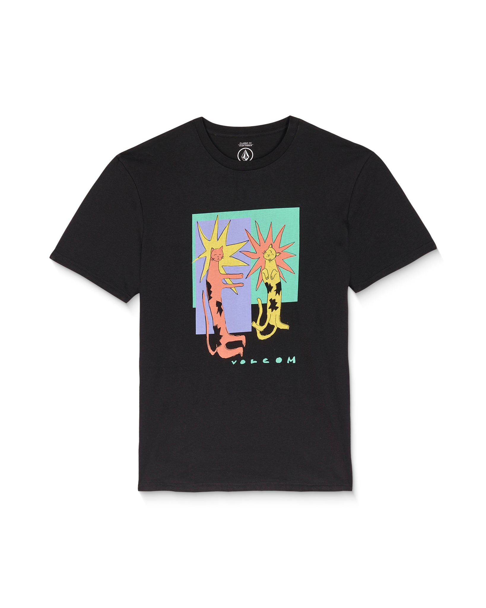 Black t-shirt with colorful graphic design on a white background