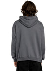 Person wearing a gray hoodie from behind on a white background