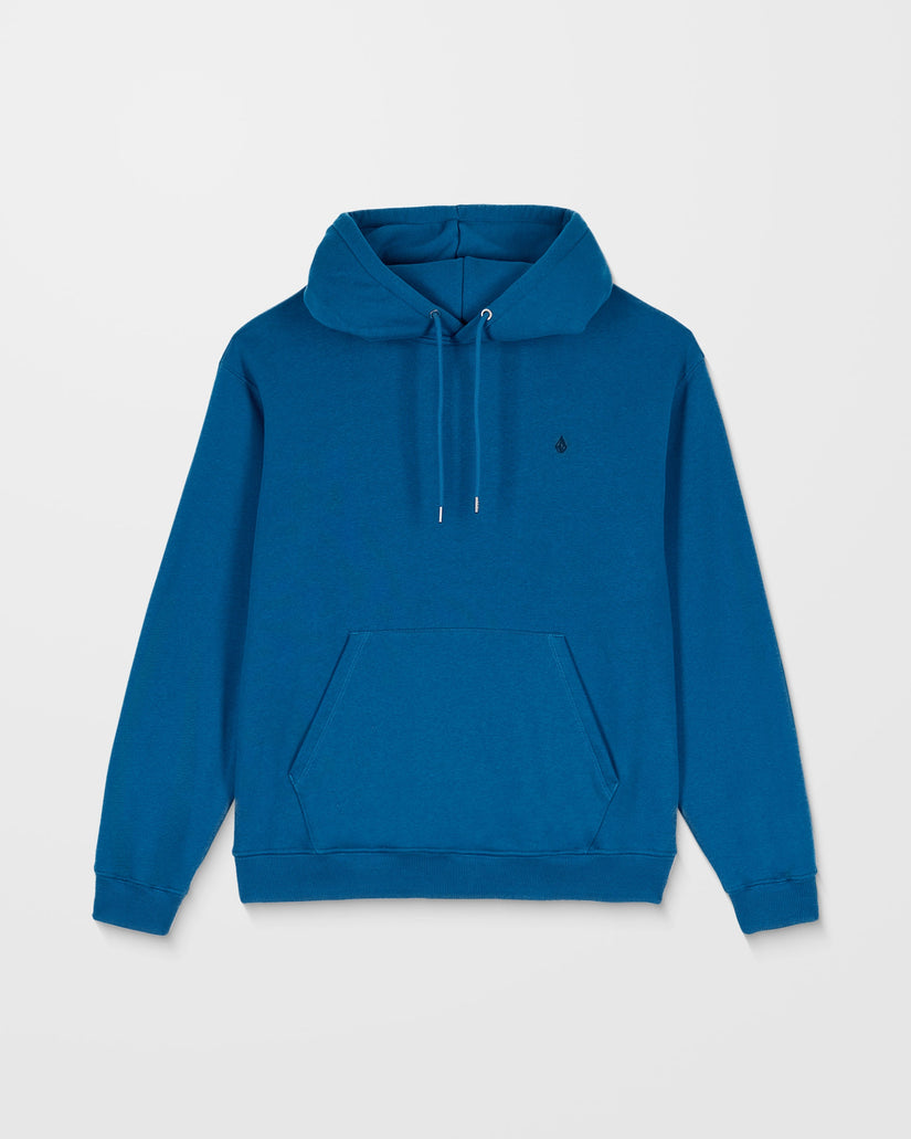 Blue hoodie with a small logo on a light gray background