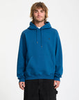 Person wearing a blue hoodie on a white background