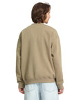 Person wearing a beige sweatshirt on a white background