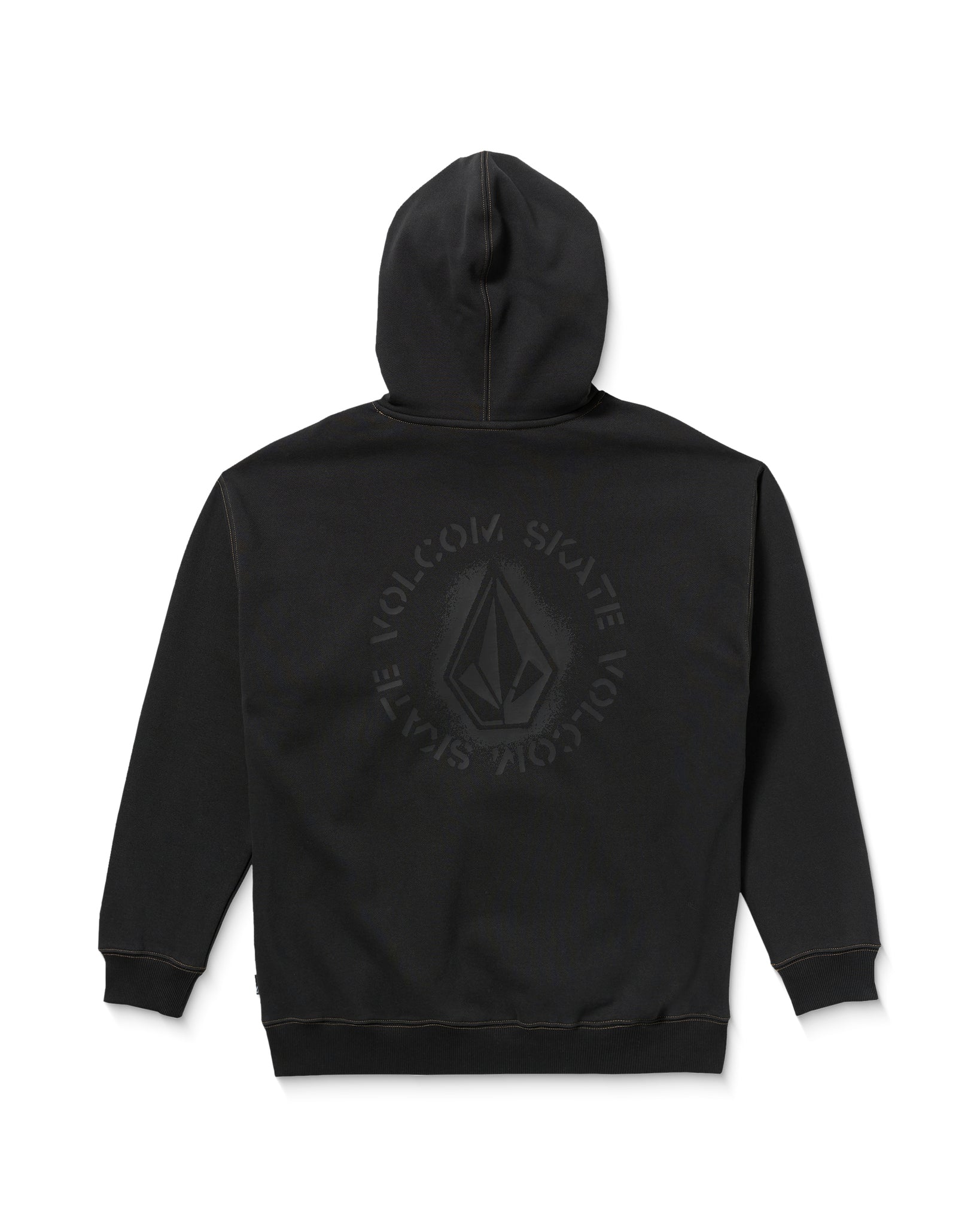 Black hoodie with a logo on the back against a white background