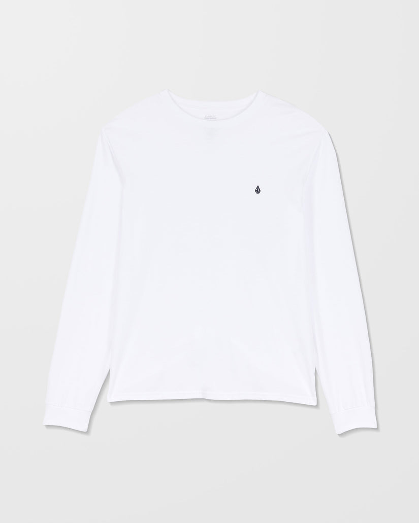 White long-sleeve shirt with a small black logo on a light gray background