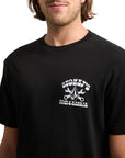 Person wearing a black t-shirt with a white graphic design on a white background