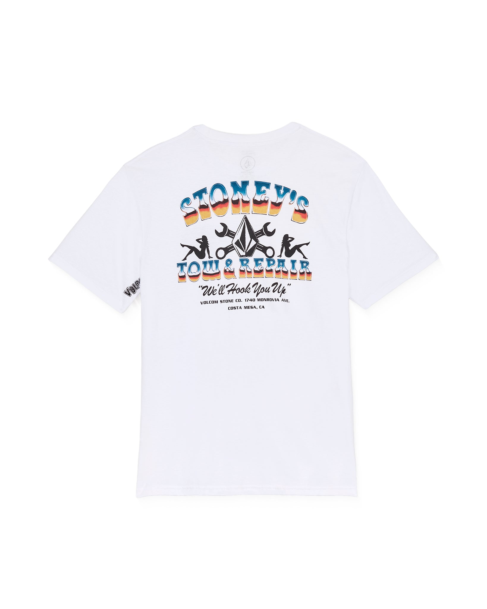 White t-shirt with colorful graphic design on a white background