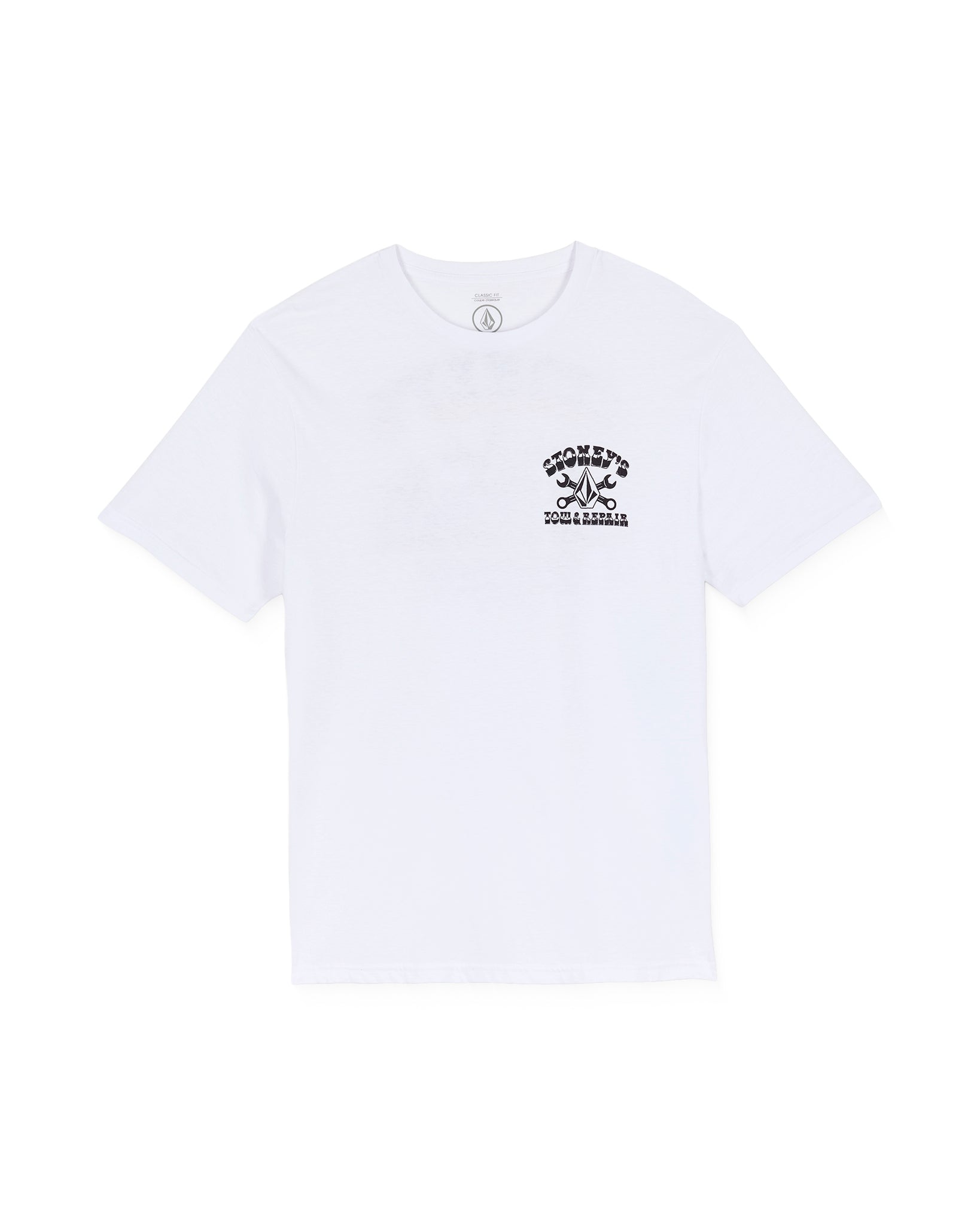 White t-shirt with black graphic design on a white background