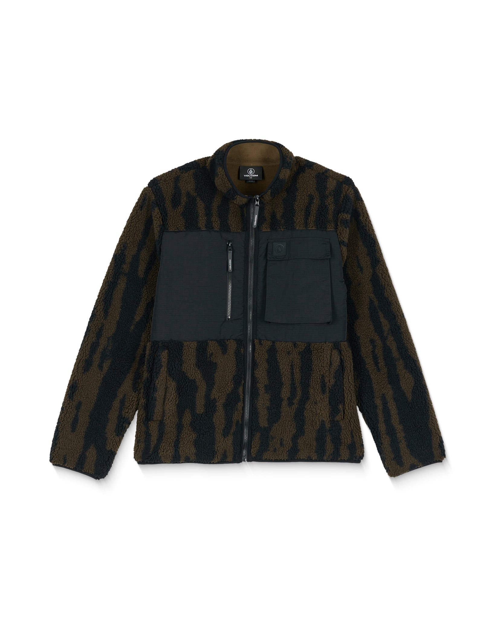 Camouflage-patterned jacket with black accents on a white background