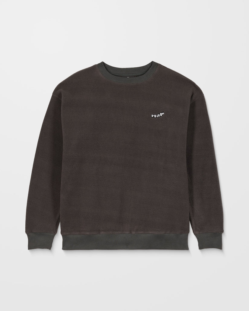 Dark gray sweatshirt with a small logo on a light gray background