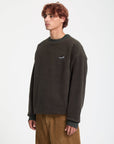 Man wearing a dark brown sweatshirt with a logo on a white background