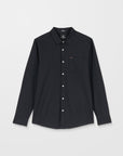 Black button-up shirt on a light gray background