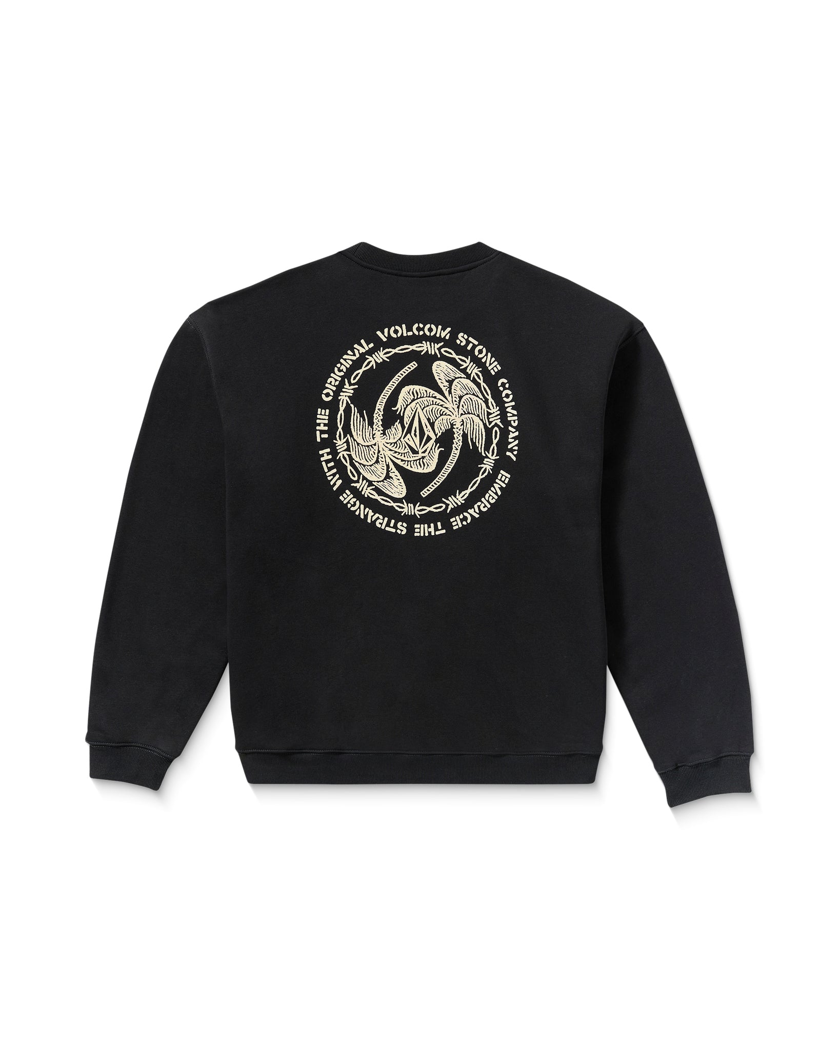 Black sweatshirt with a white graphic design on the back against a white background