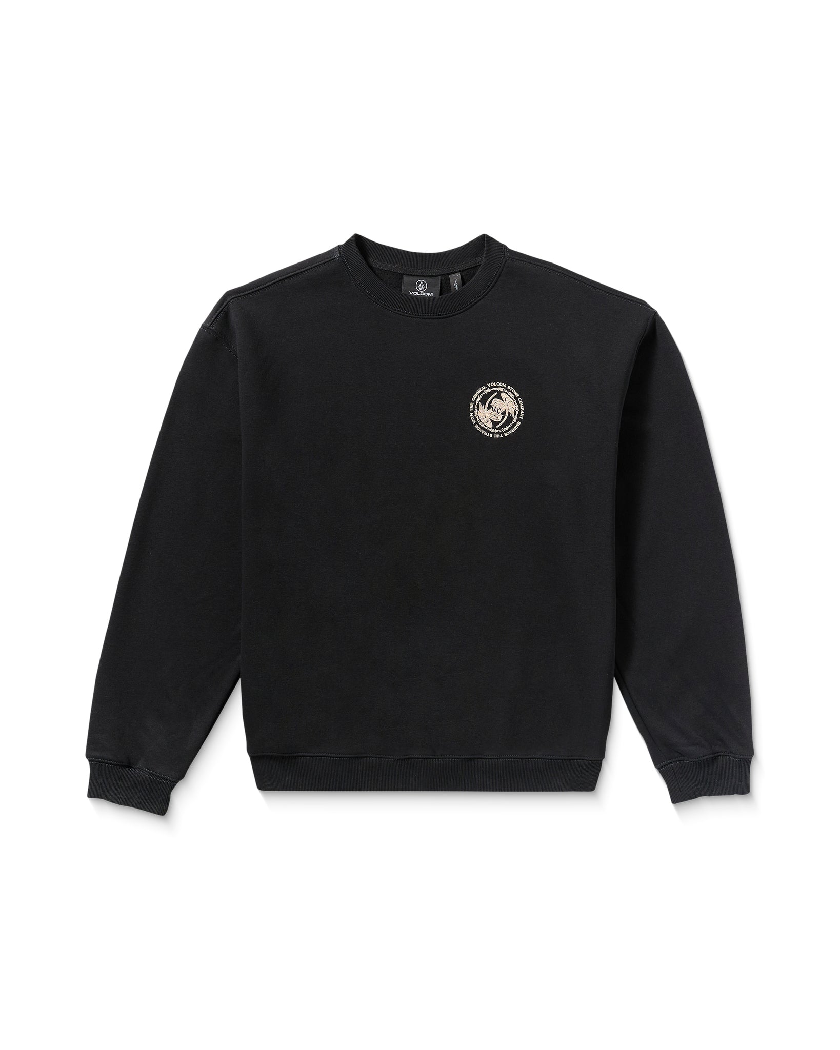Black sweatshirt with a logo on the chest against a white background