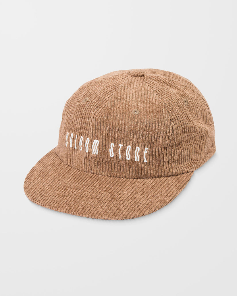 Brown corduroy cap with white text on a light gray background