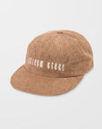 Brown corduroy cap with white text on a light gray background