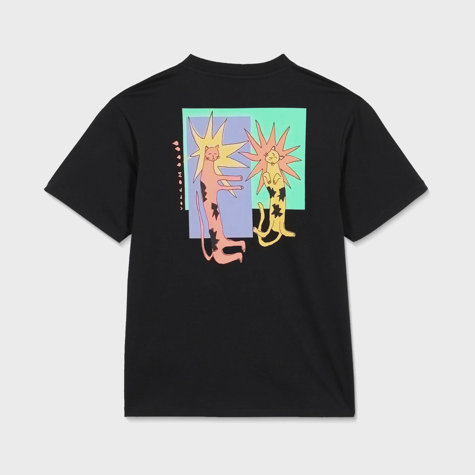 Black t-shirt with colorful graphic design on a light gray background