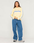 Rusty Womens White Lines Long Sleeve Crew Neck Knit - Pale Banana/Retro Blue