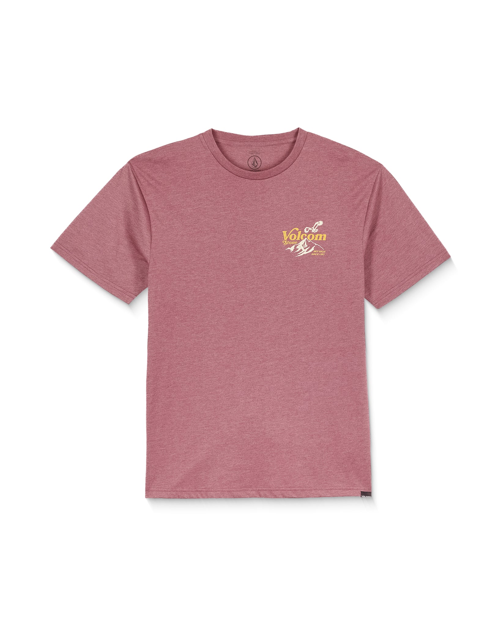 Maroon t-shirt with a logo on a white background