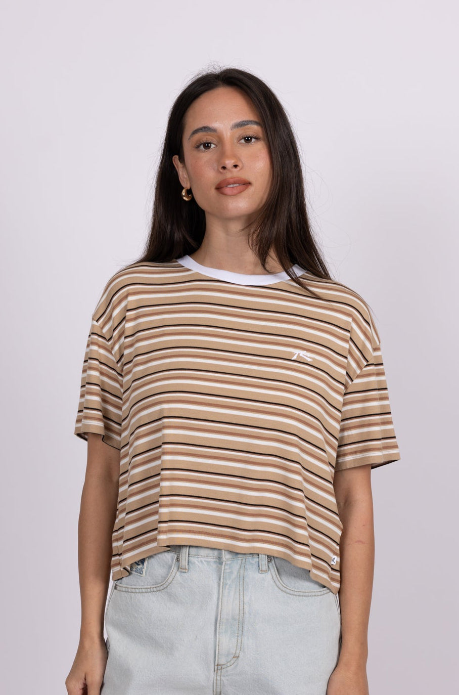 Rusty Womens Penny Striped Crop T-Shirt - Camel