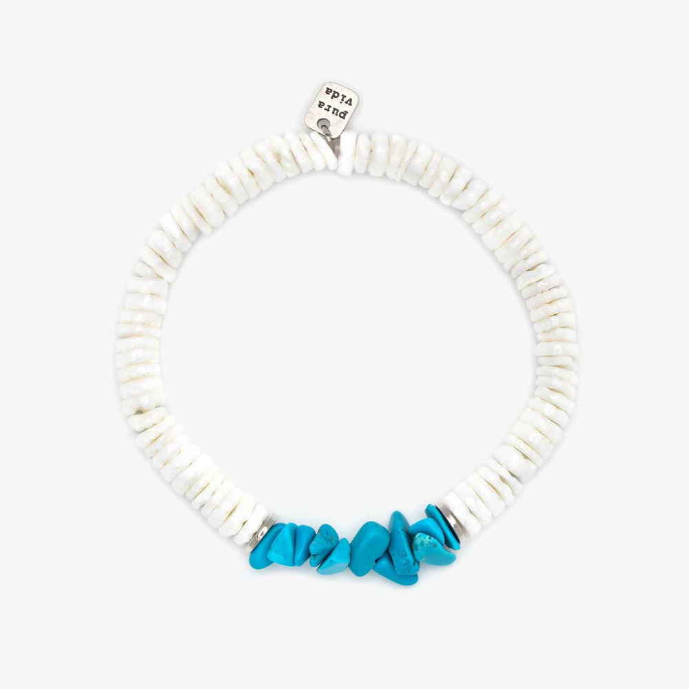 Pura Vida Puka Shell and Turquoise Chip Stretch Bracelet - White - ManGo Surfing