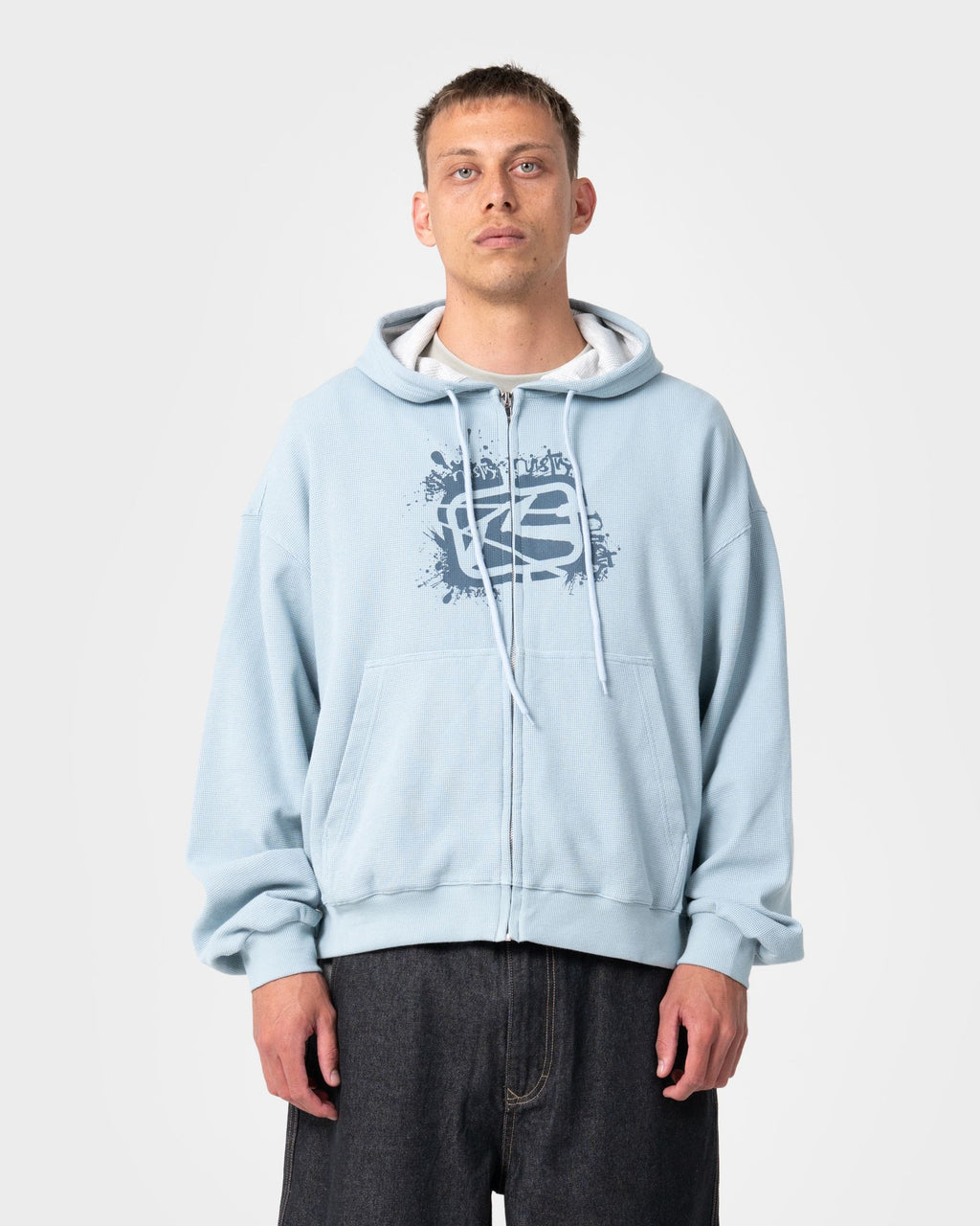 Rusty Mens Revolt Zip Through Waffle Hoodie - Sky Blue