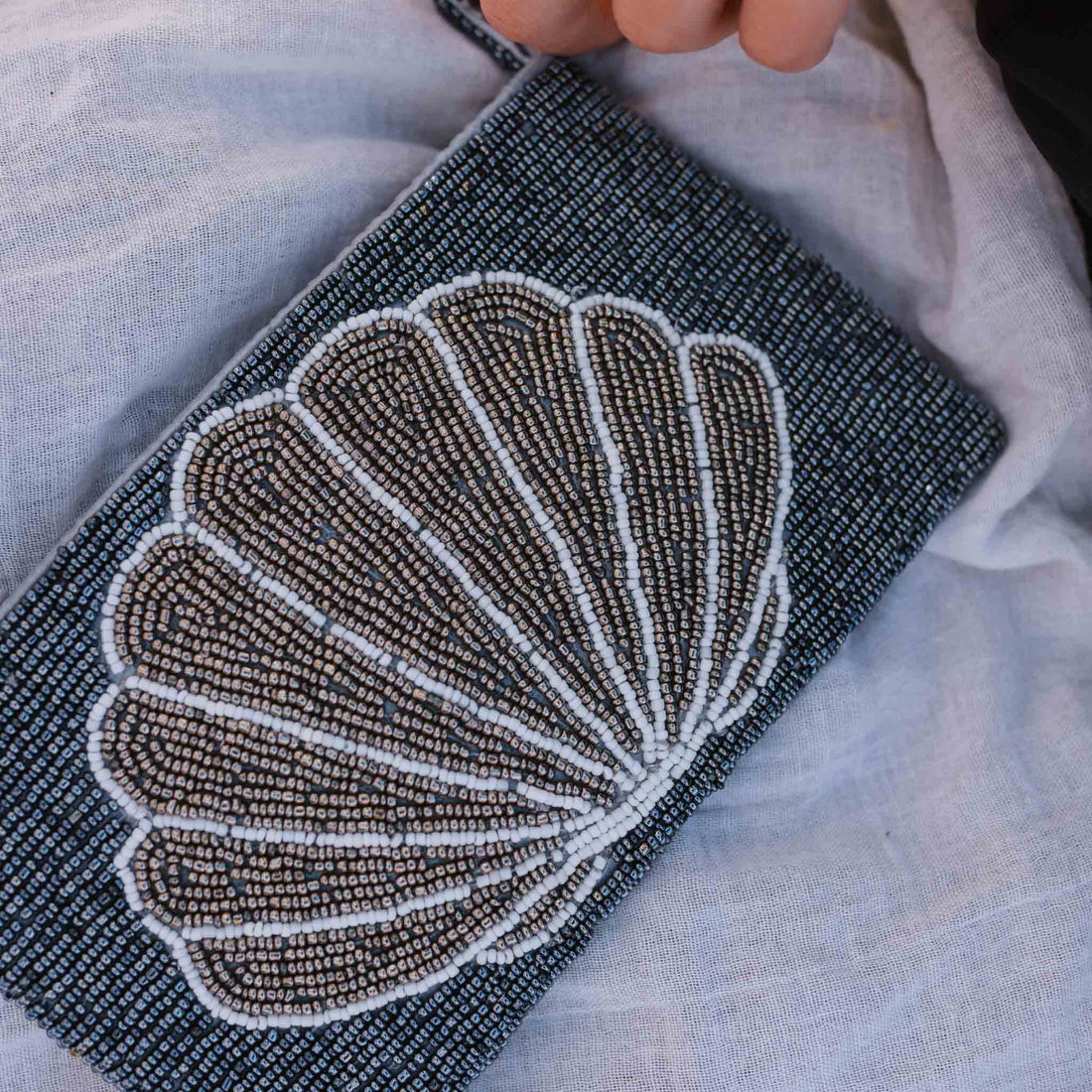 Pineapple Island Large Shell Beaded Pouch - Navy