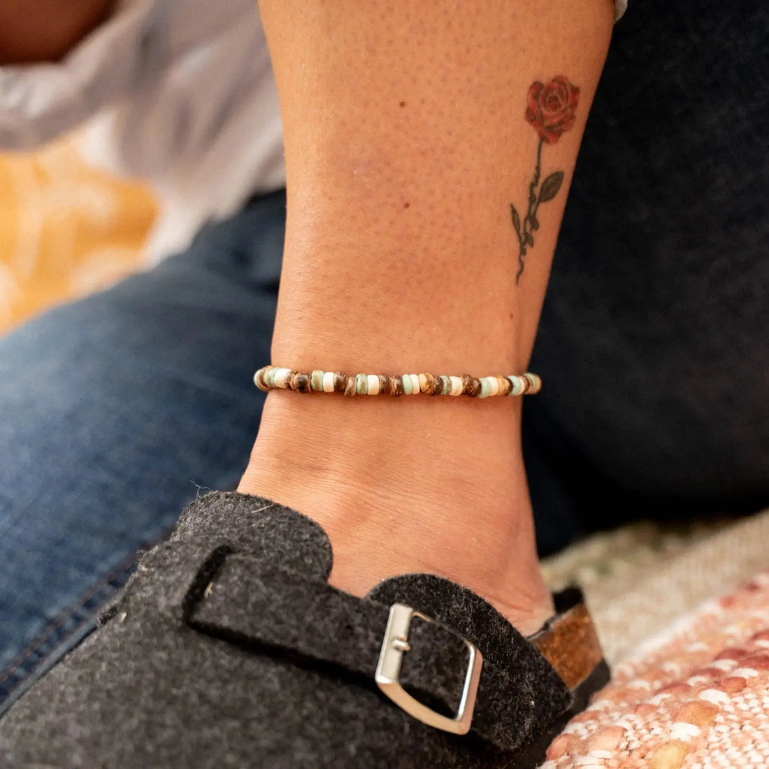 Pineapple Island Laut Coconut Wood Beaded Anklet - Green/Brown
