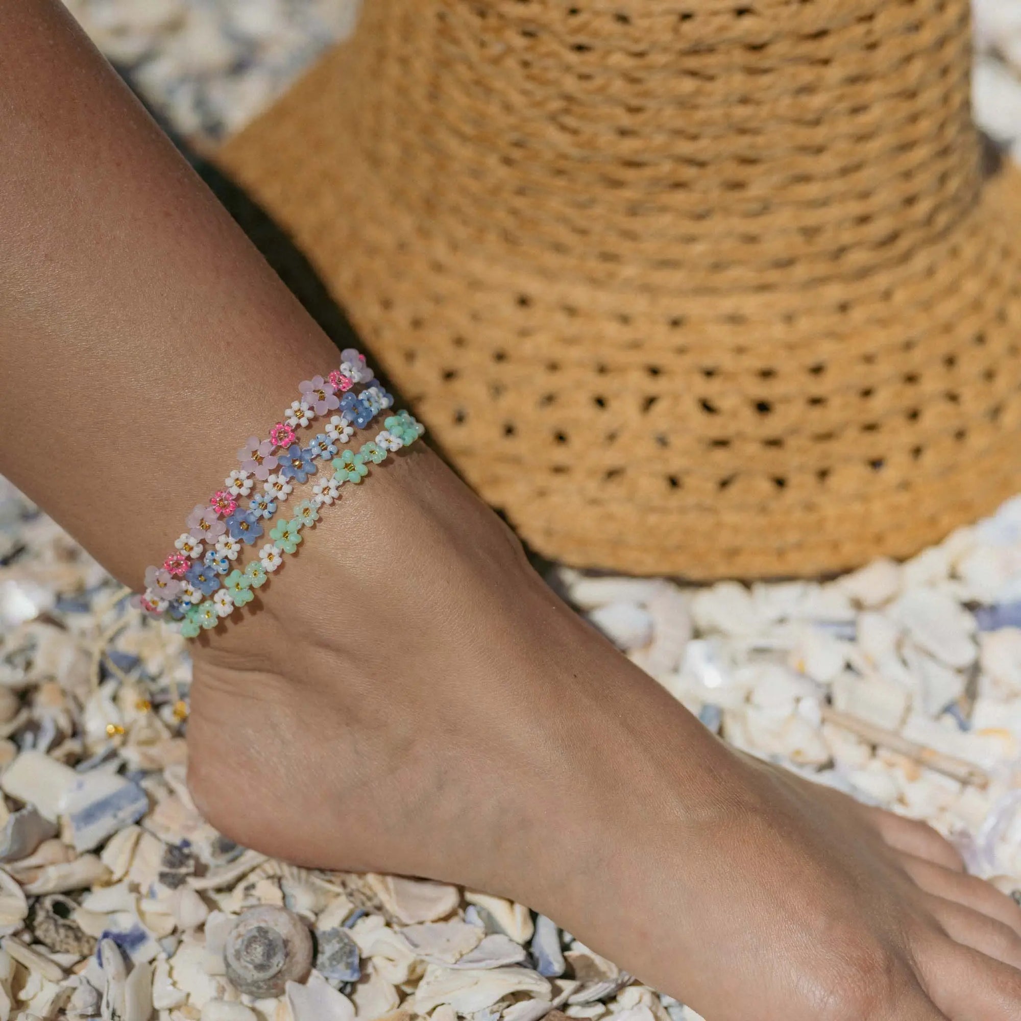 Pineapple Island Mohala Flower Beaded Anklet - Green