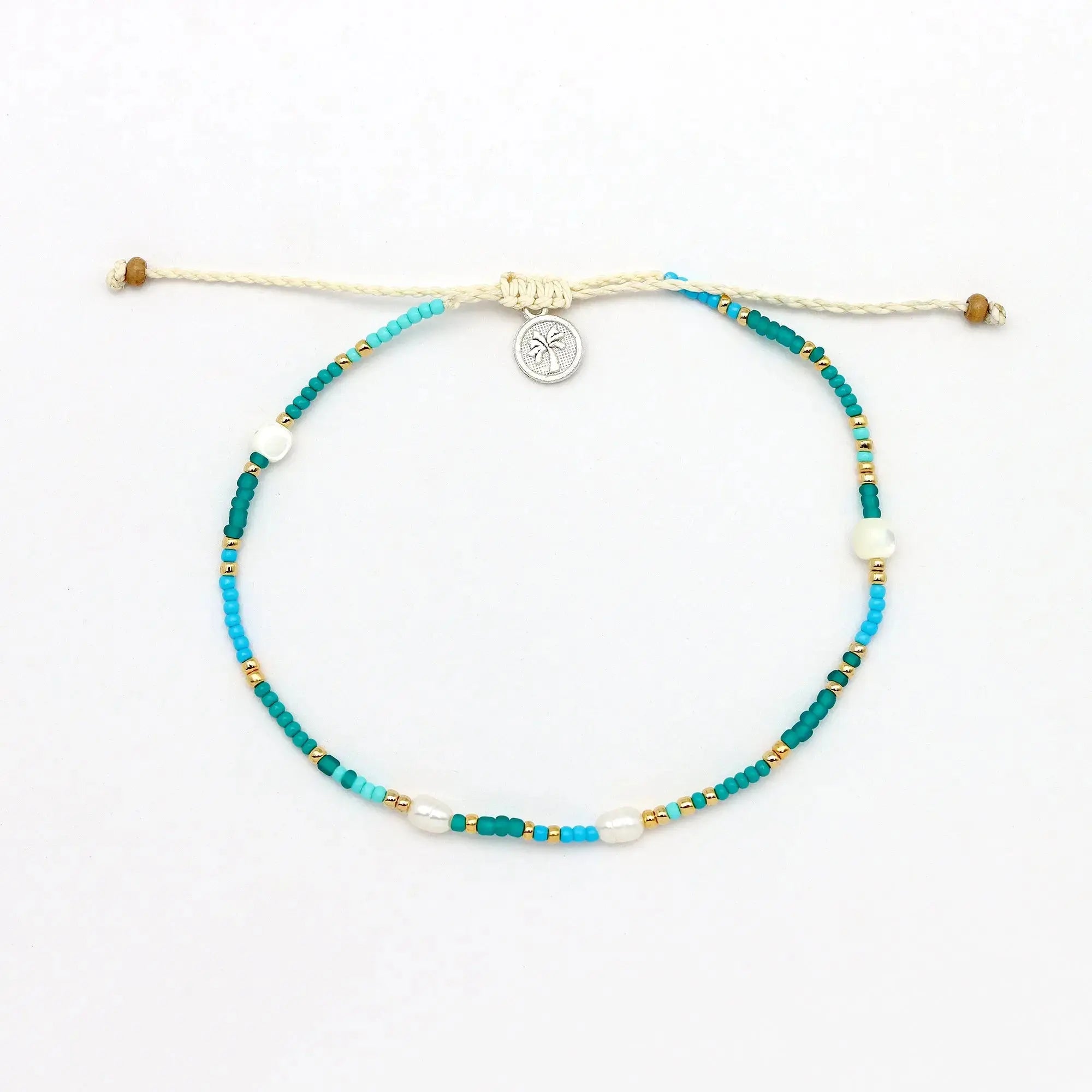 Pineapple Island Giada Cinta Pearl Beaded Surf Anklet - Blue/Green/Gold