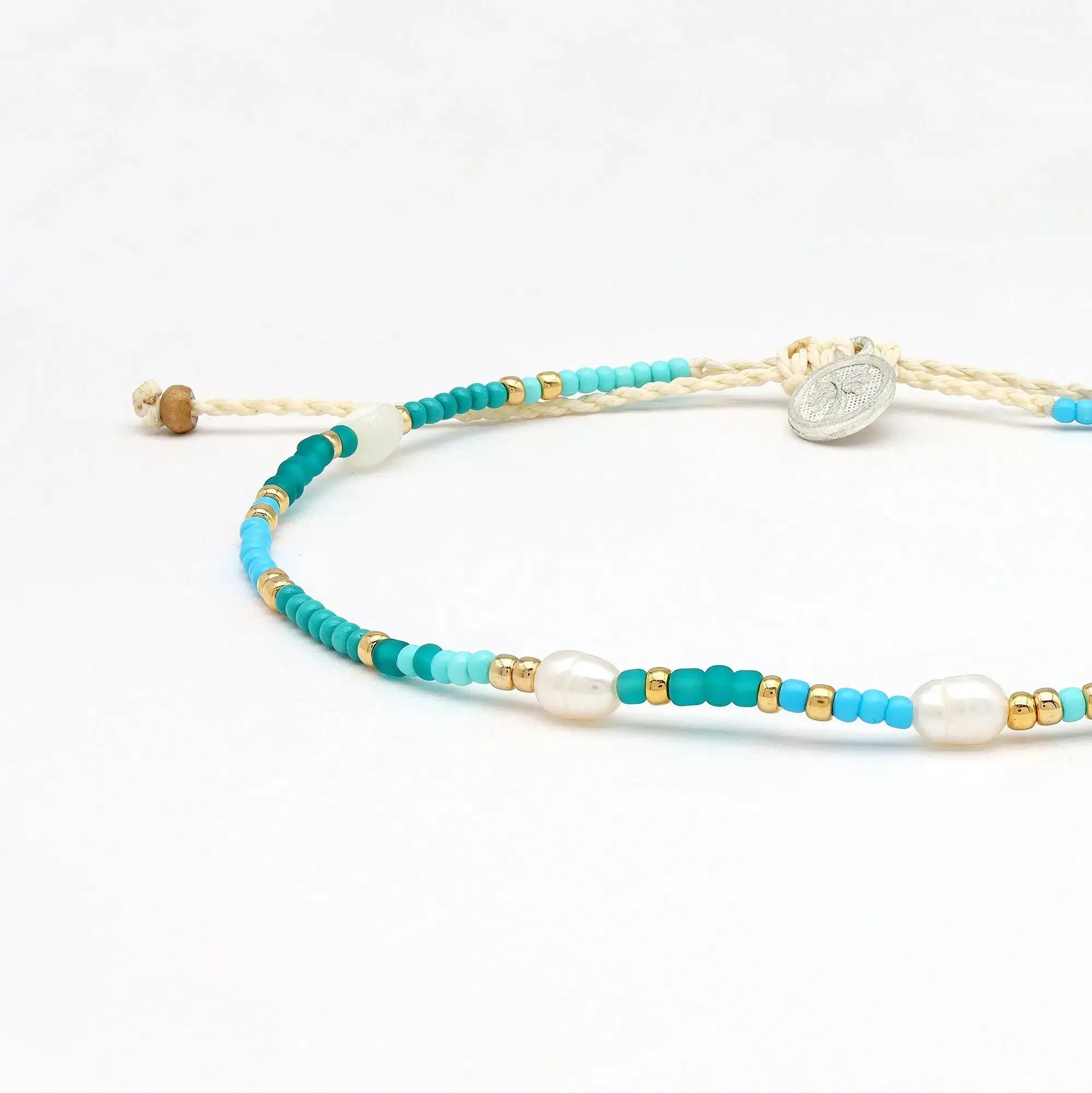 Pineapple Island Giada Cinta Pearl Beaded Surf Anklet - Blue/Green/Gold
