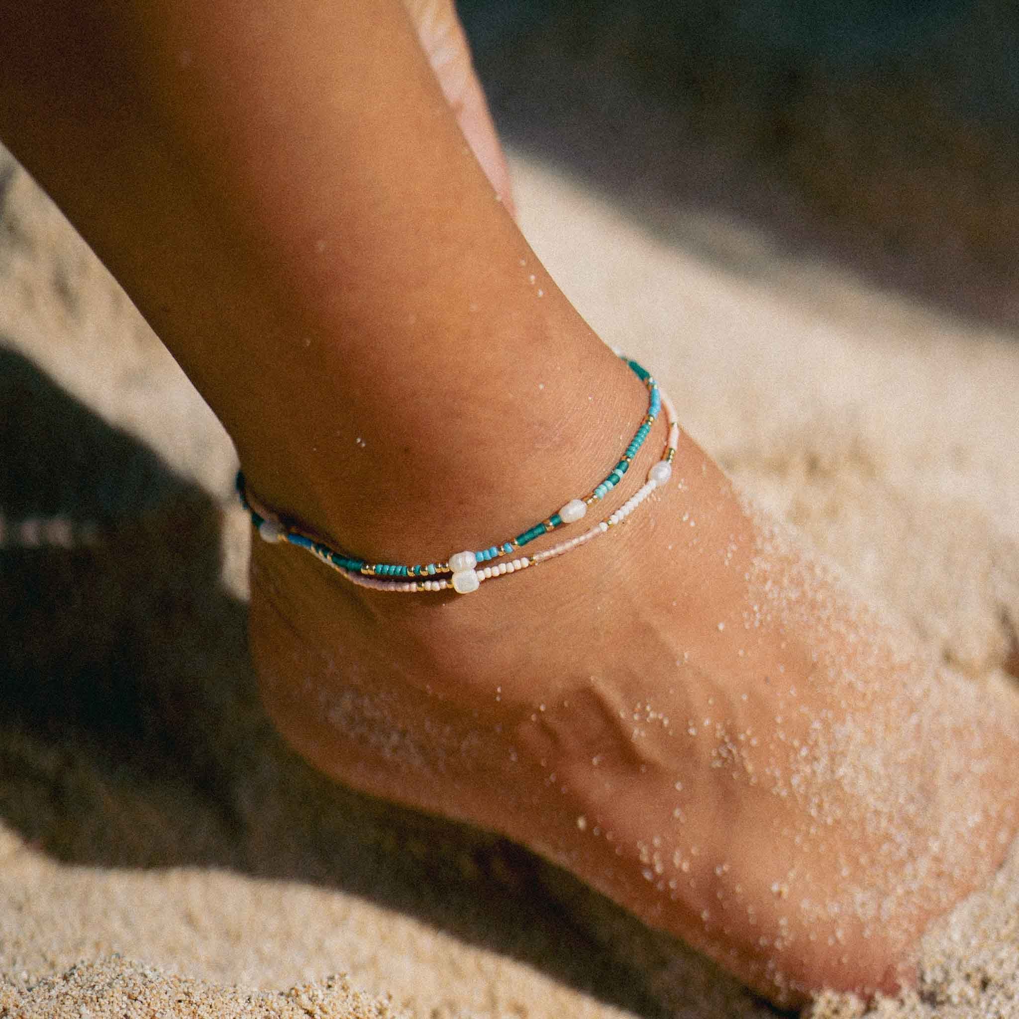 Pineapple Island Giada Cinta Pearl Beaded Surf Anklet - Blue/Green/Gold