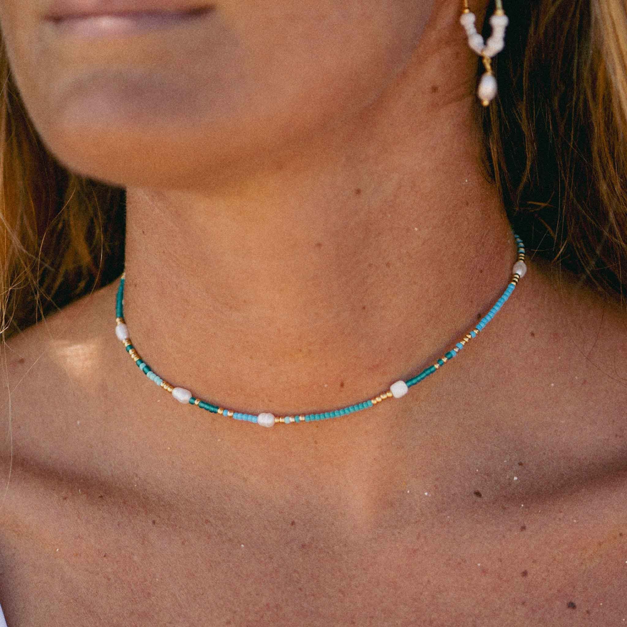 Pineapple Island Giada Cinta Pearl Beaded Surf Necklace - Blue/Green/Gold