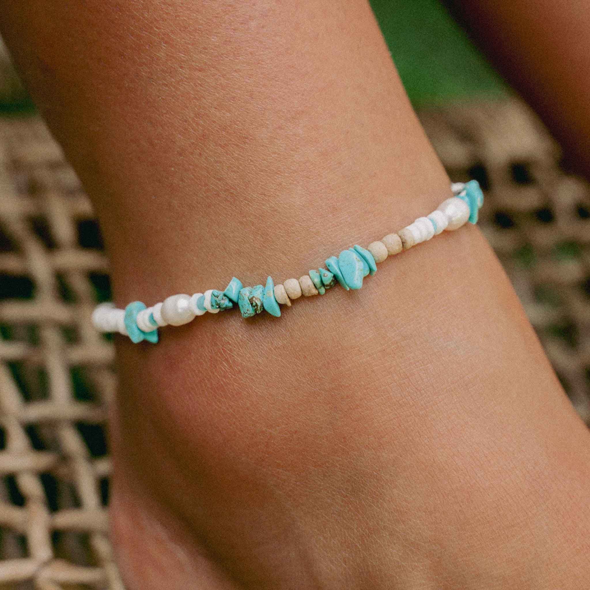 Pineapple Island Love is Here Natural Stone, Pearl and Shell Anklet - Turquoise/White