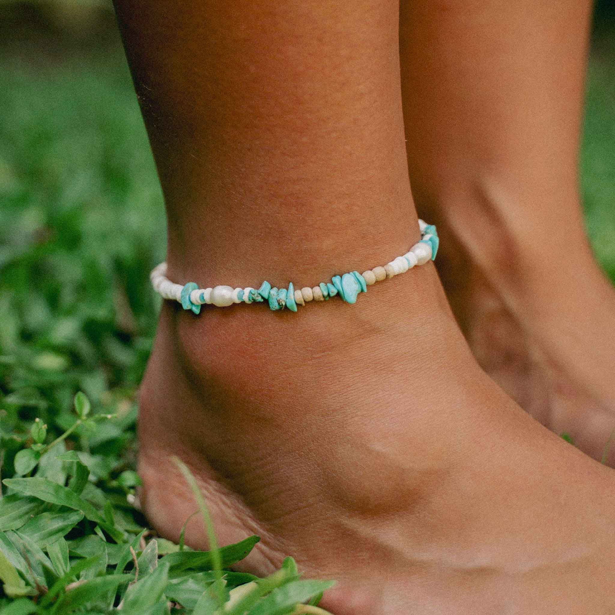 Pineapple Island Love is Here Natural Stone, Pearl and Shell Anklet - Turquoise/White