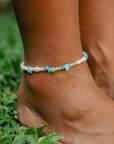 Pineapple Island Love is Here Natural Stone, Pearl and Shell Anklet - Turquoise/White