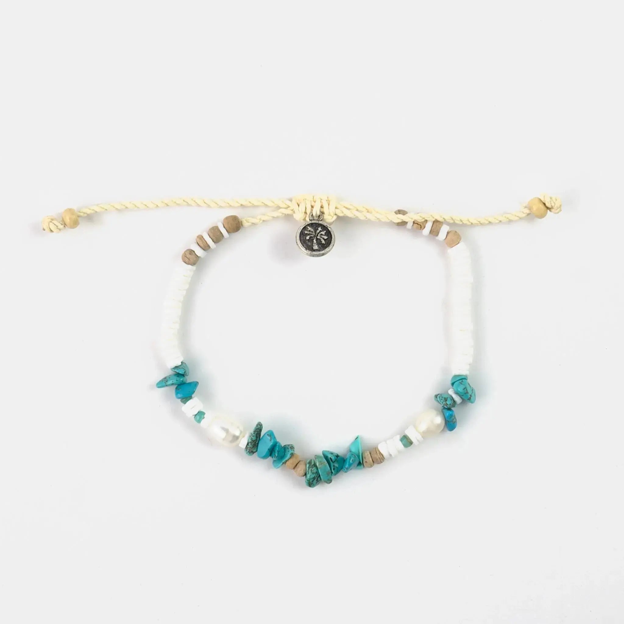 Pineapple Island Love is Here Natural Stone, Pearl and Shell Anklet - Turquoise/White