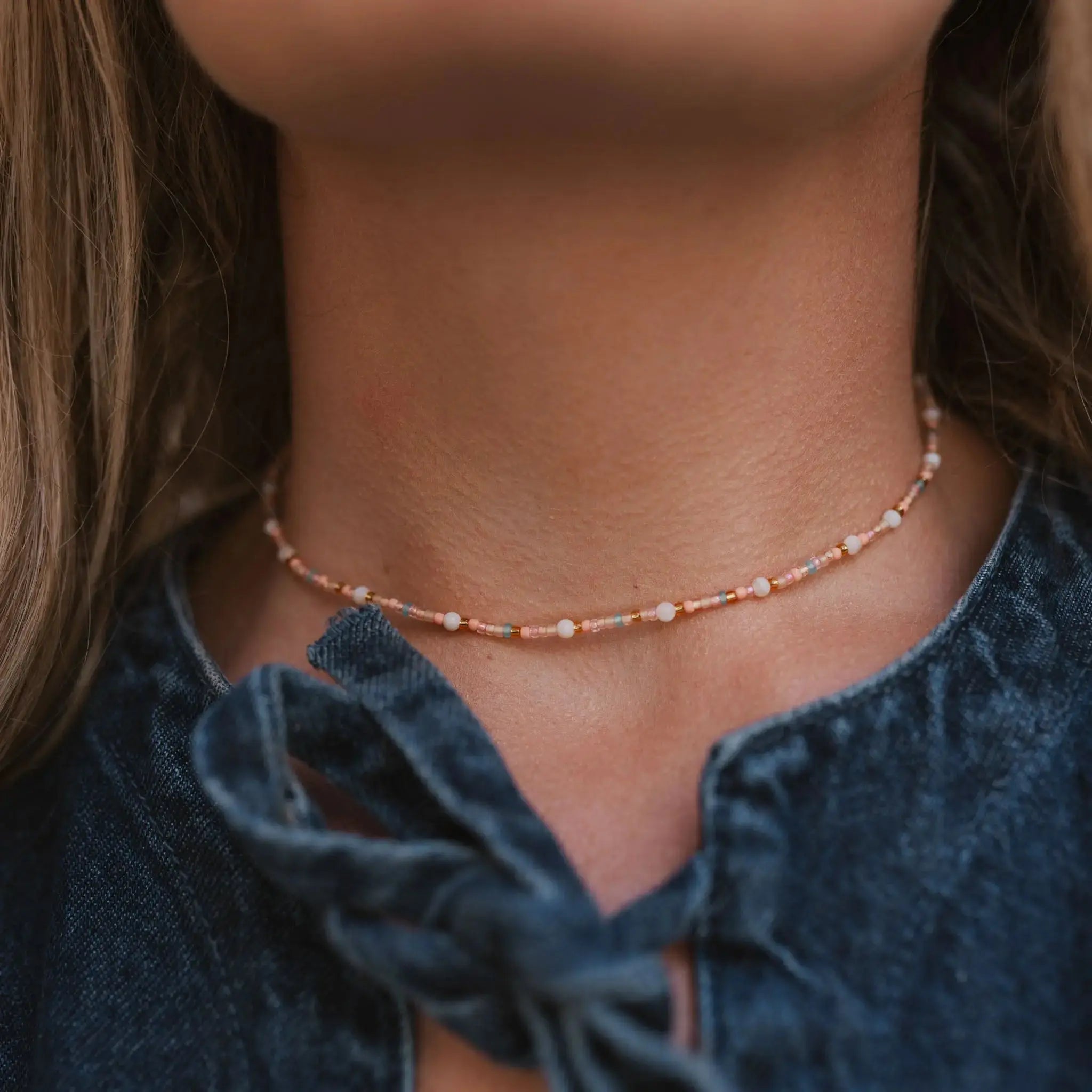 Pineapple Island Surya Golden Hour Beaded Necklace - Pink/White/Gold