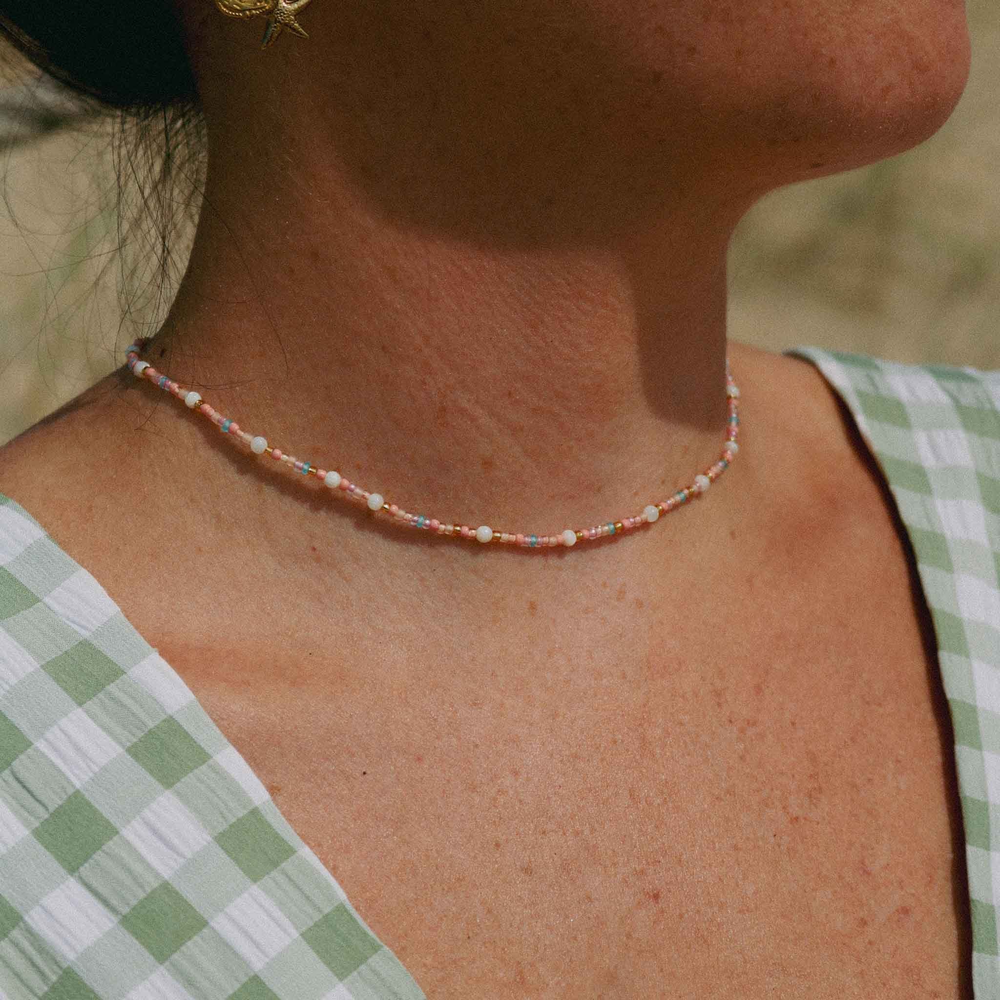 Pineapple Island Surya Golden Hour Beaded Necklace - Pink/White/Gold