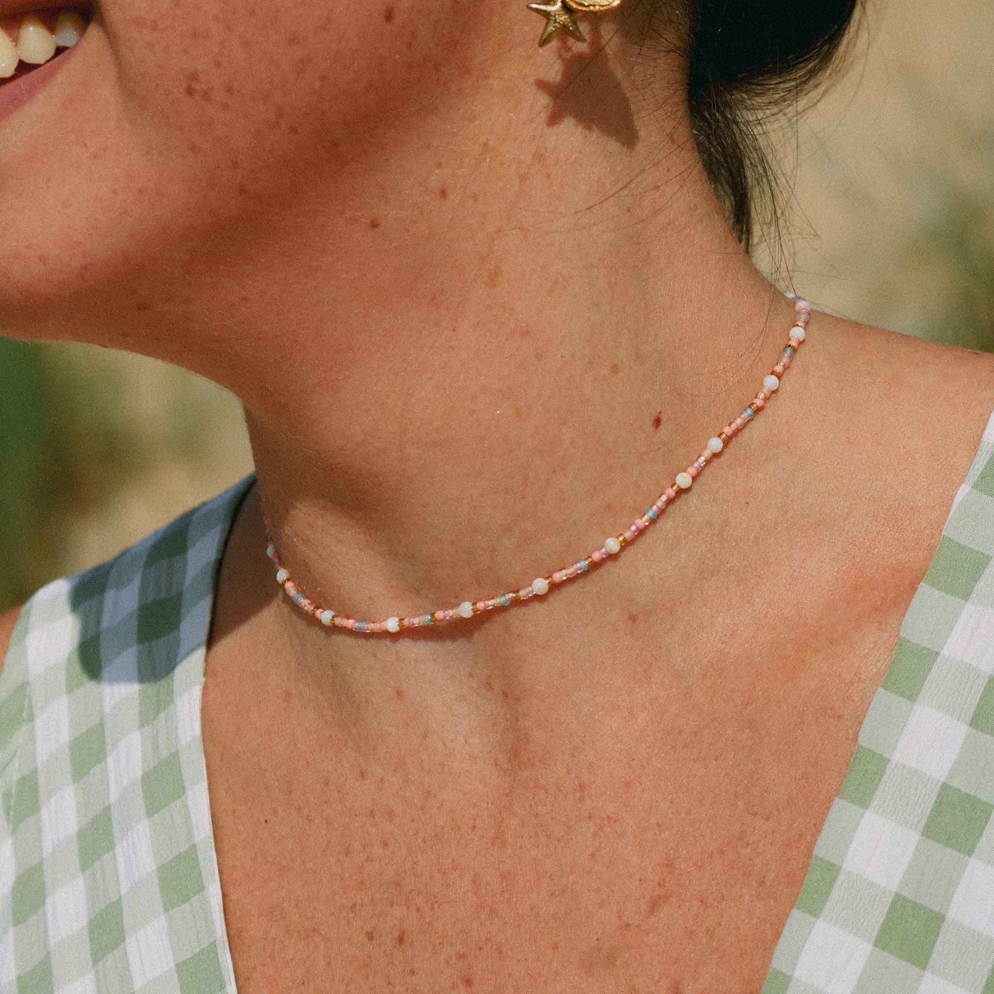 Pineapple Island Surya Golden Hour Beaded Necklace - Pink/White/Gold
