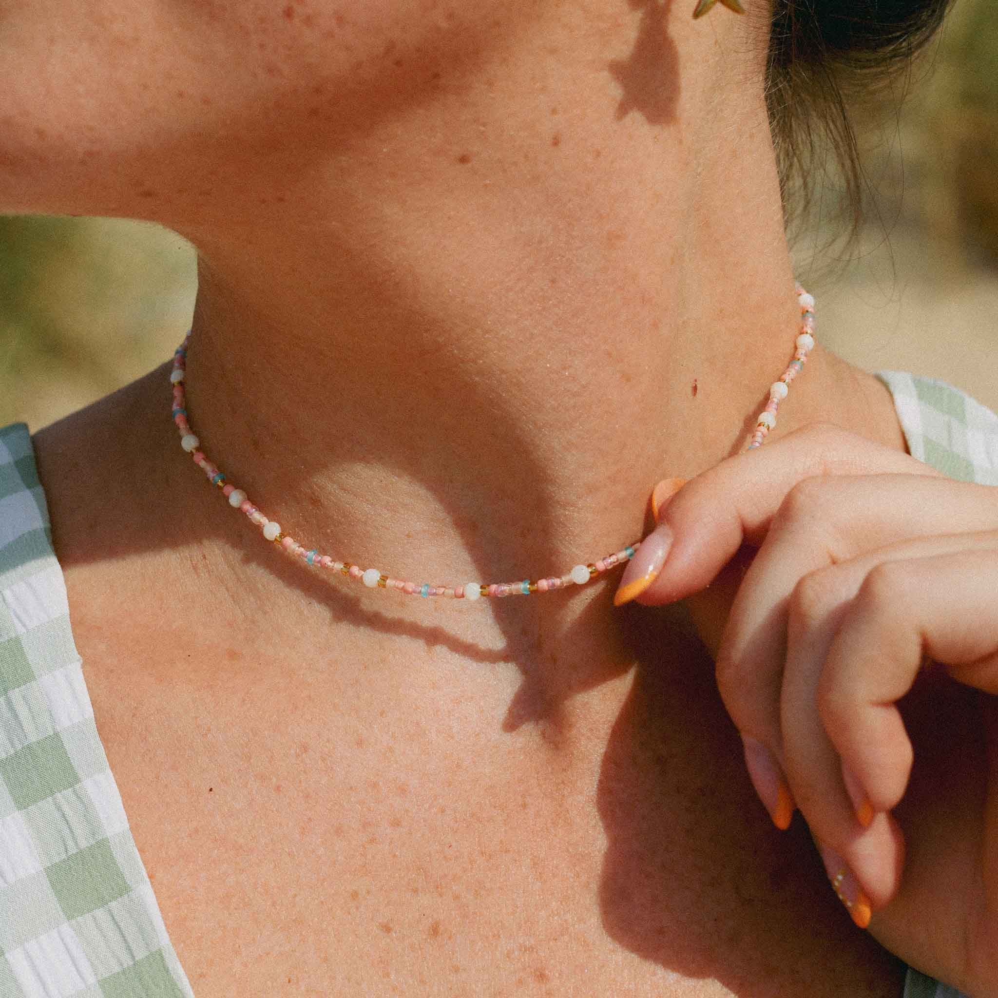 Pineapple Island Surya Golden Hour Beaded Necklace - Pink/White/Gold
