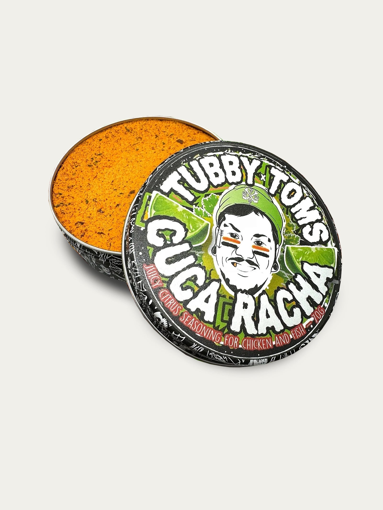 Tubby Tom's Cuga Racha seasoning container on a light gray background